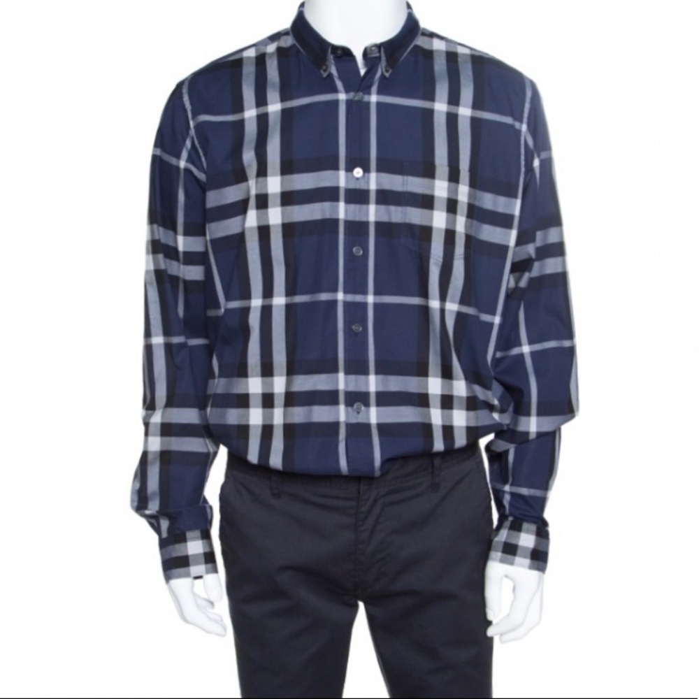 Burberry Brit Navy Blue Checked Long Sleeve Button Down Shirt XXL